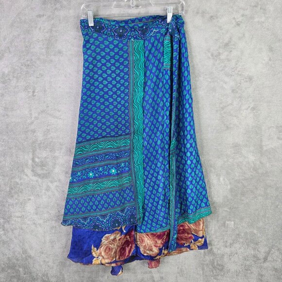 Womens Vintage Reversible Blue Indian 100% Silk Wrap Skirt Floral Print One Size - Picture 4 of 9